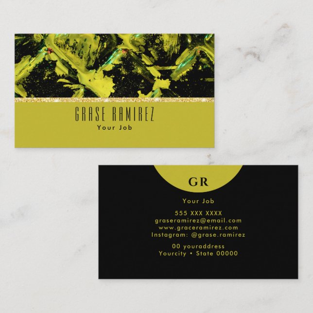 Green | Chic Faux Gold Glitter Monogram Business Card (Front/Back)