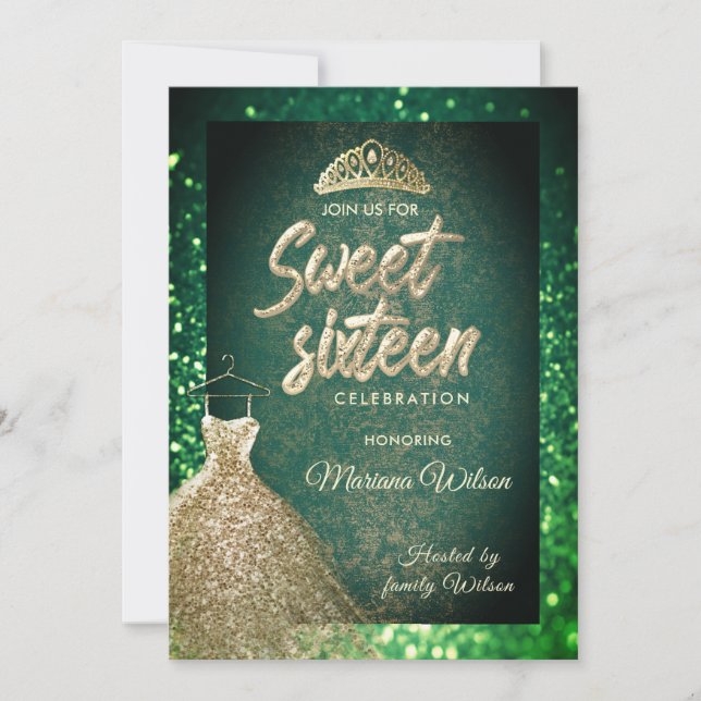 Green chic Gold sequins dress tiara Sweet 16 Invitation (Front)