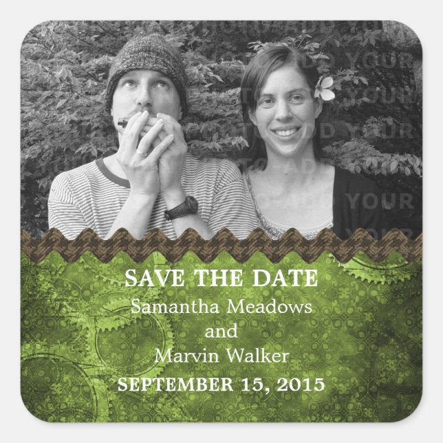Green Chic Steampunk Photo Save the Date Stickers (Devant)