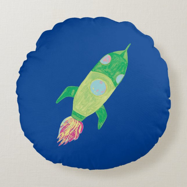 Green Childish Space Rocket Star Round Pillow (Front)