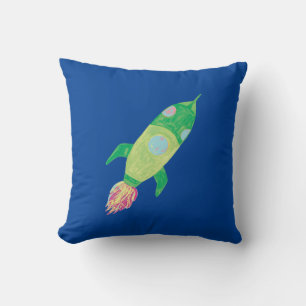 Green Childish Space Rocket Star Throw Pillow