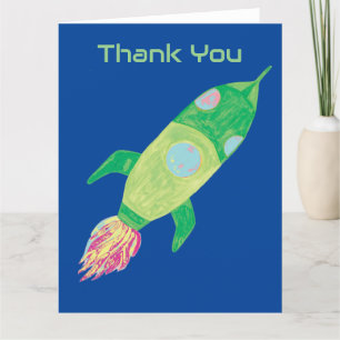 Green Childish Space Rocket Thank You Card