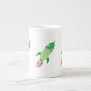 Green Childish Space Rockets  Bone China Mug
