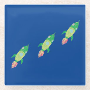 Green Childish Space Rockets  Glass Coaster