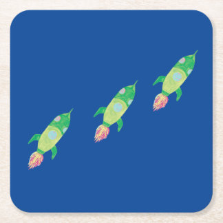 Green Childish Space Rockets Square Paper Coaster