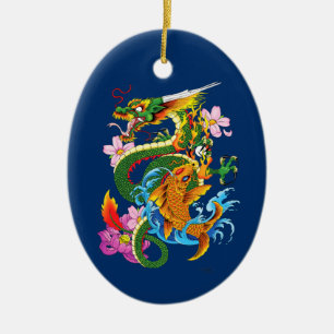 Green Chinese Dragon Koi Ceramic Ornament
