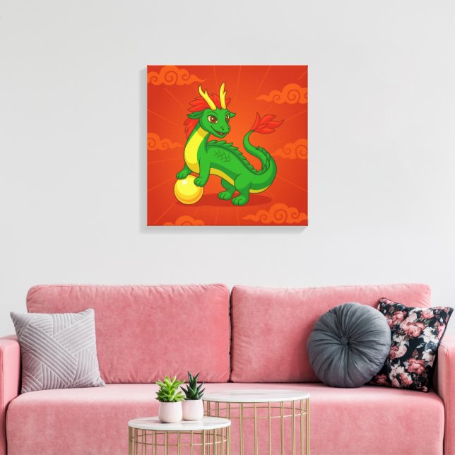 Green Chinese Dragon on Red Canvas Print (Insitu(LivingRoom))