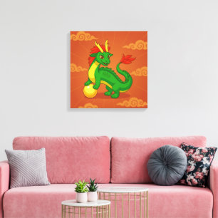 Green Chinese Dragon on Red Canvas Print