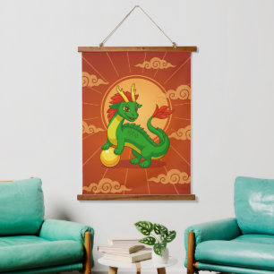 Green Chinese Dragon on Red Hanging Tapestry