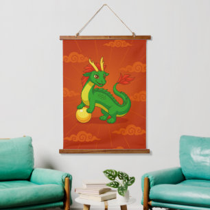 Green Chinese Dragon on Red Hanging Tapestry