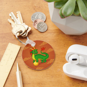 Green Chinese Dragon on Red Keychain