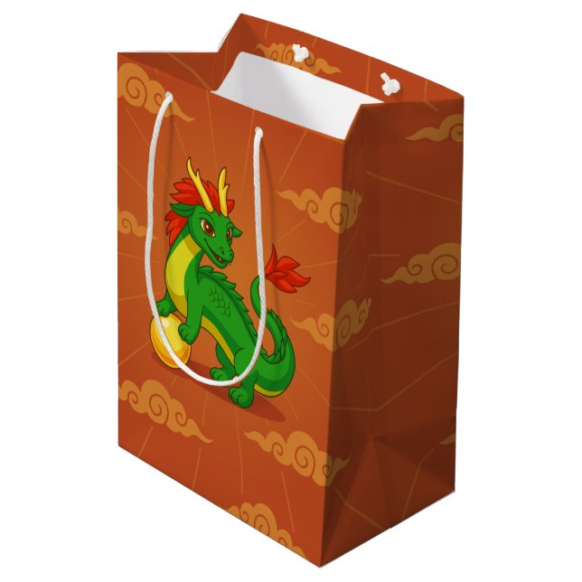 Green Chinese Dragon on Red Medium Gift Bag (Back Angled)