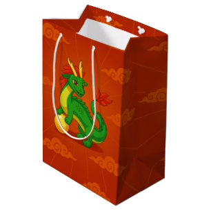 Green Chinese Dragon on Red Medium Gift Bag