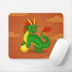 Green Chinese Dragon on Red Mouse Pad