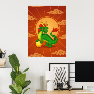 Green Chinese Dragon on Red Poster