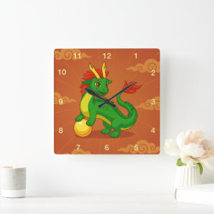 Green Chinese Dragon on Red Square Wall Clock