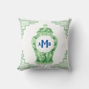Green Chinoiserie Ginger Jar Monogram Throw Pillow