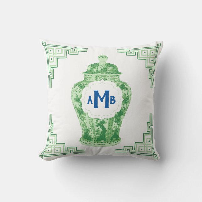 Green Chinoiserie Ginger Jar Monogram Throw Pillow (Front)