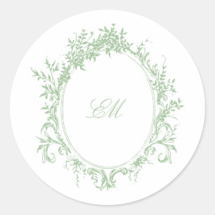 Green Chinoiserie Monogram Crest Wedding Logo Classic Round Sticker