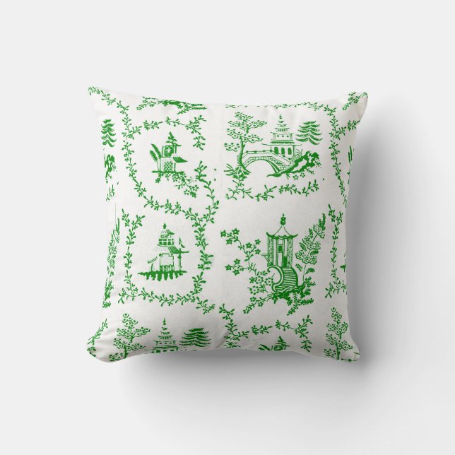 Green Chinoiserie Pagoda Throw Pillow (Front)