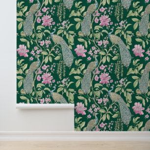 Green Chinoiserie peacock floral peel and stick Wallpaper
