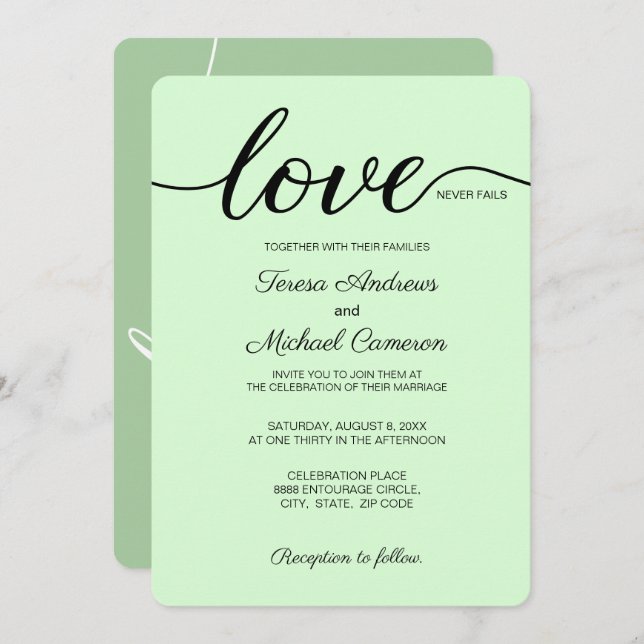 Green Christian Wedding Love Never Fails Invitation (Front/Back)