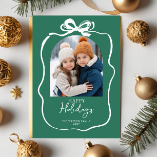 Green Christmas 4 Photo Hand-Drawn Bow Ribbon  Holiday Card