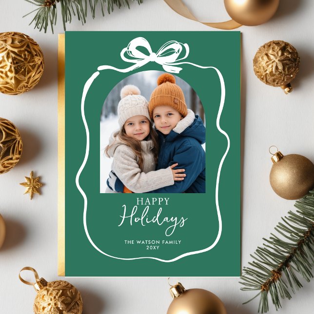 Green Christmas 4 Photo Hand-Drawn Bow Ribbon  Holiday Card (Green Christmas 4 Photo Hand-Drawn Bow Ribbon Holiday Card)