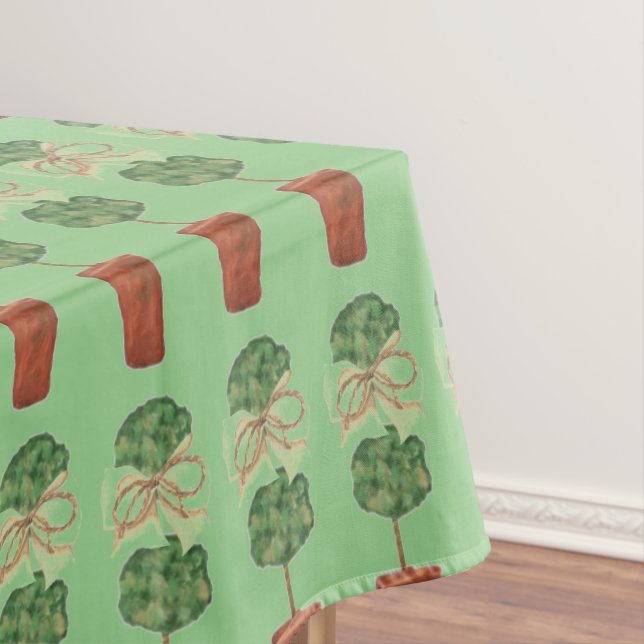 Green Christmas Beige Rope Topiary Tablecloth (In Situ)