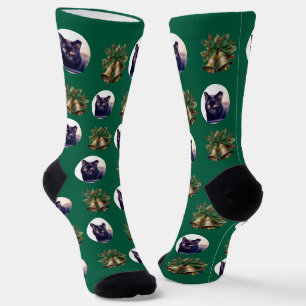 Green Christmas Bells and Cat Photo Custom Face  Socks