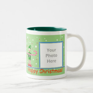 Green Christmas Candy Cane Elf 2-Photo Frame Two-Tone Coffee Mug