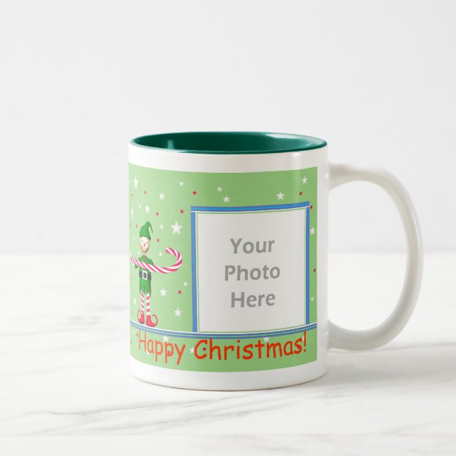 Green Christmas Candy Cane Elf 2-Photo Frame Two-Tone Coffee Mug (Right)