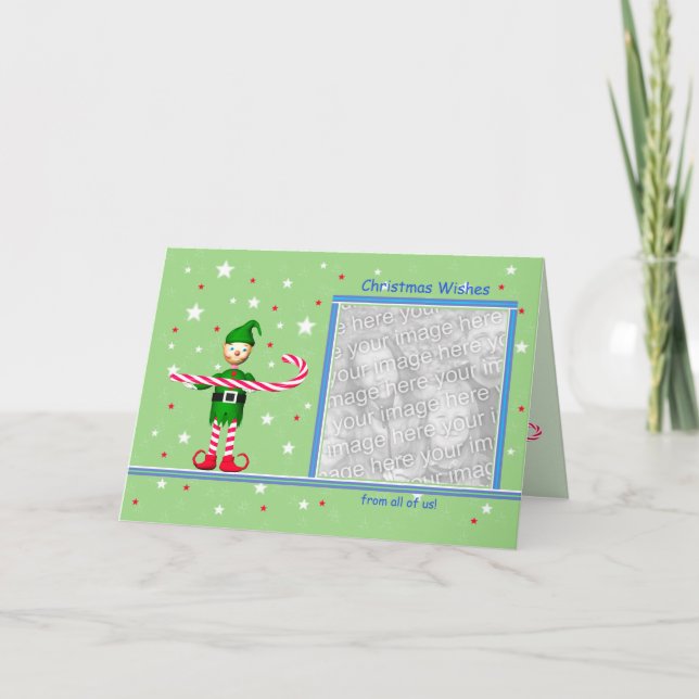 Green Christmas Candy Cane Elf (photo frame) Holiday Card (Front)