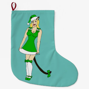 Green Christmas catgirl Large Christmas Stocking