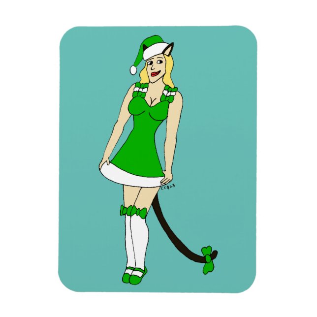 Green Christmas catgirl Magnet (Vertical)