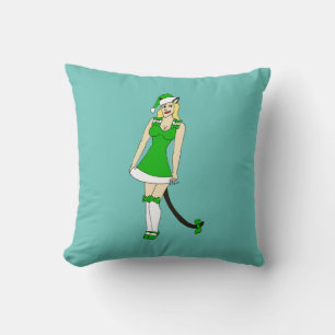 Green Christmas catgirl Throw Pillow