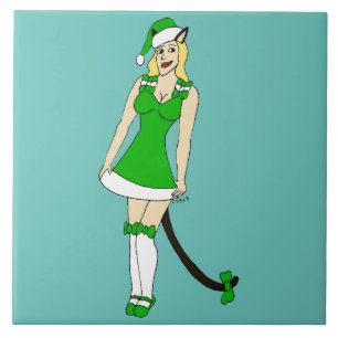 Green Christmas catgirl Tile
