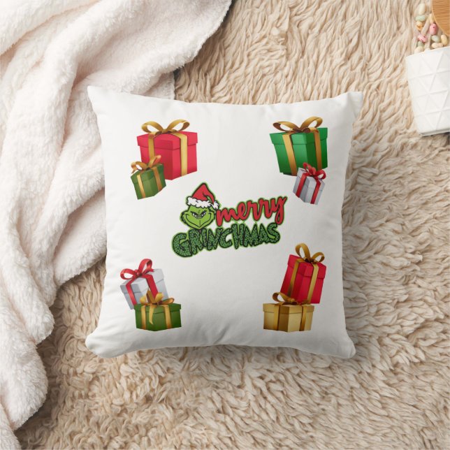 Green Christmas Creature with Gift Boxes Throw Pillow (Blanket)