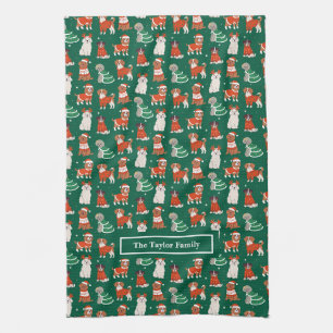 Green Christmas Dogs Personalized Kitchen Towel