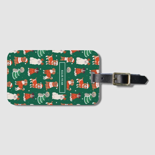 Green Christmas Dogs Personalized Luggage Tag (Front Horizontal)