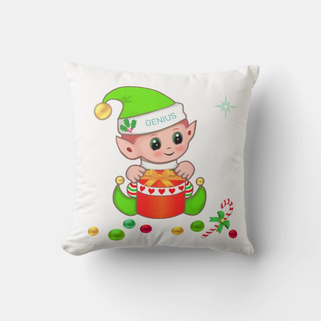 Green Christmas elf, candy cane & Christmas balls Throw Pillow (Front)