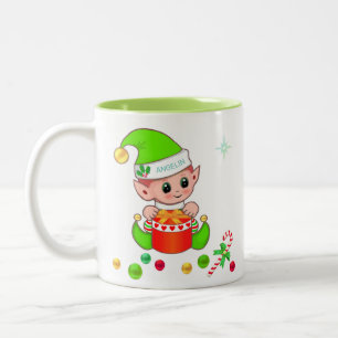 Green Christmas elf, candy cane & Christmas balls Two-Tone Coffee Mug