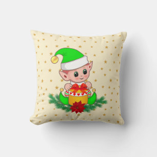 Green Christmas elf, pine, & stars on ivory Throw Pillow