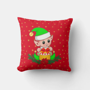 Green Christmas elf, pine, & stars on red Throw Pillow