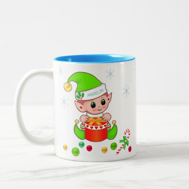 Green Christmas elf, snowflakes & Christmas balls Two-Tone Coffee Mug (Left)