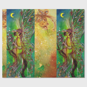 GREEN CHRISTMAS FAIRY,GOLD SPARKLES,FLORAL SWIRLS WRAPPING PAPER