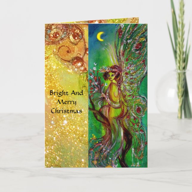 GREEN CHRISTMAS FAIRY WITH GOLD FLORAL SPARKLES HOLIDAY CARD (Front)