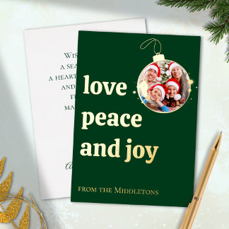 Green Christmas Family Photo Love Peace Joy Gold Foil Holiday Card