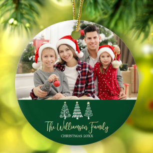 Green Christmas Family Photo Playful Trees Script Ceramic Ornament