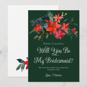 Green Christmas Floral Will You Be My Bridesmaid Invitation